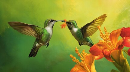 Fototapeta premium Hummingbirds sharing flower
