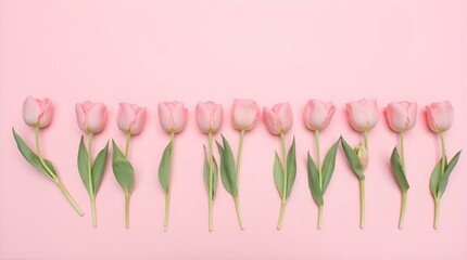Beautiful Pink Tulips Flat Lay Pink Background - Delicate Spring Floral Studio