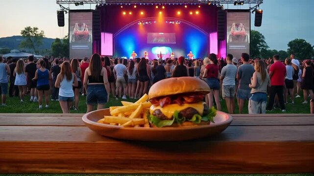 Hamburguesa con queso y tocino acompa&ntilde;ada de papas fritas en festival de m&uacute;sica