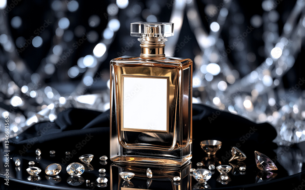 Aufkleber elegant perfume bottle with blank label, surrounded by sparkling gems on a black glossy surface, bok