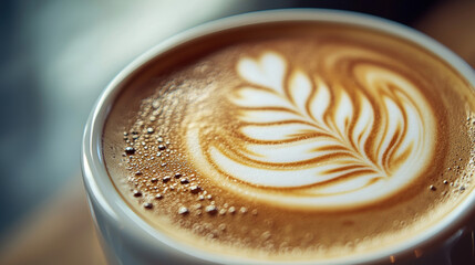 Detailed close-up of a cup of coffee with beautiful latte art, capturing the rich texture of the foam and the warmth of the beverage, appealing to coffee aficionados