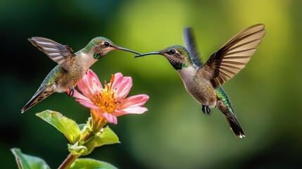 Fototapeta premium Two hummingbirds interacting with a flower in flight