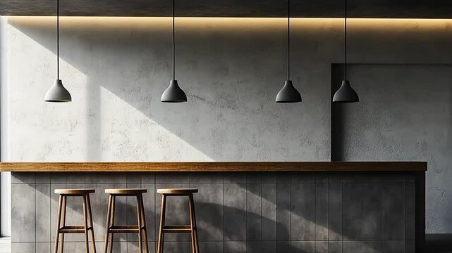 Modern bar counter with wooden top, gray tile backsplash, and three wooden stools under four pendant lights in a minimalist interior.