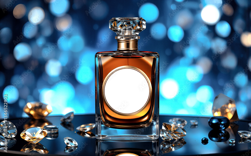 Poster a luxurious perfume bottle with a crystal stopper sits among sparkling gems on a dark reflective sur