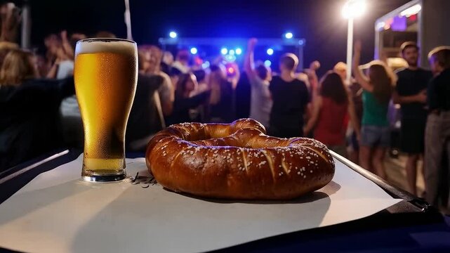 Cerveza fr&iacute;a y pretzel salado en festival nocturno