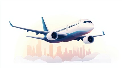 Obraz premium A stylized airplane flying over a city skyline, symbolizing travel and aviation.