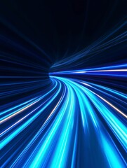 Abstract Light Trails Speeding Through a Dark Tunnel with Blue Glow
