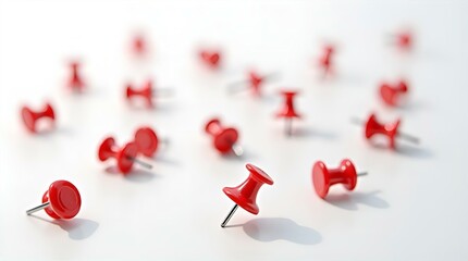 Scattered Red Push Pins Thumbtacks Office Stationery White Background