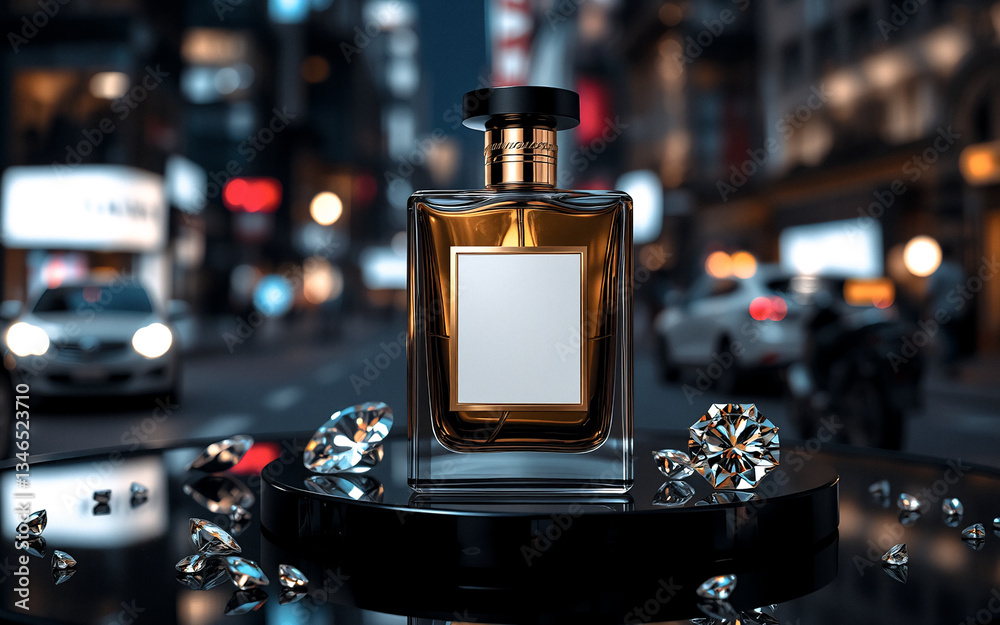 Poster elegant perfume bottle with blank label sits on a black stand surrounded by diamonds. city lights so