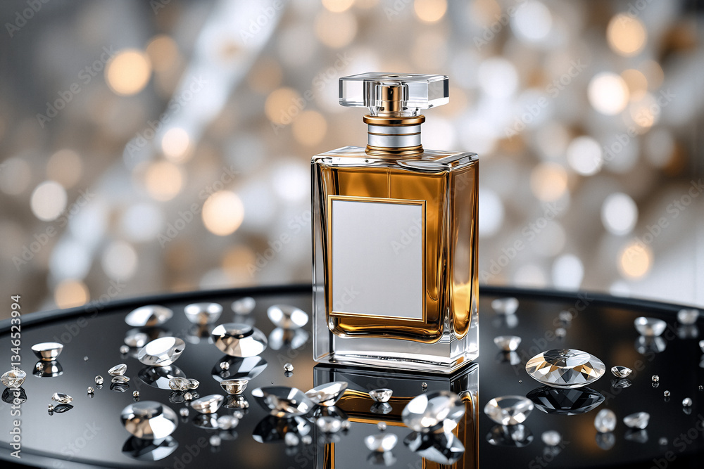 Poster elegant perfume bottle filled with golden liquid and a blank label sits amidst scattered diamonds. t