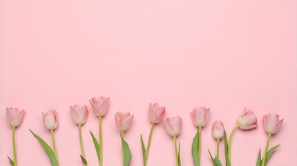 Spring Flowers - Pastel Pink Tulips on Pink Background Flat Lay