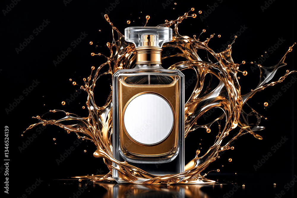 Poster elegant perfume bottle with a golden liquid splash, creating dynamic motion. the bottle is reflectin