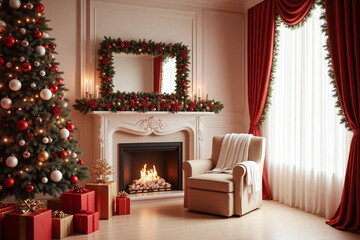 living room decorated for christmas with a christmas tree and presents
