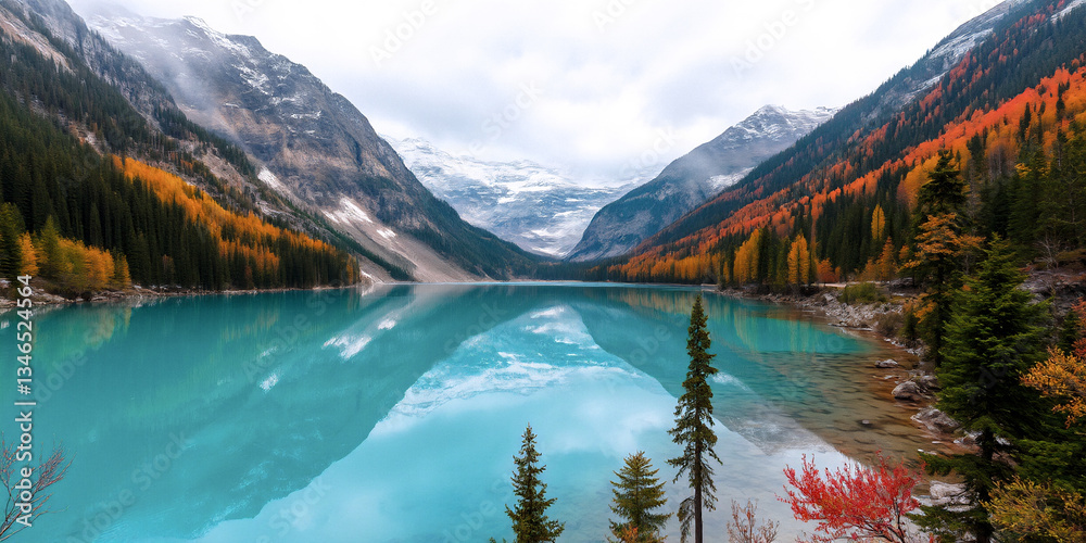 Aufkleber a scenic view of a turquoise lake nestled between majestic mountains and colorful autumn trees refle