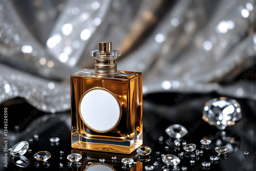 Poster a luxurious perfume bottle with a golden liquid and gems is displayed against a shimmering silver ba