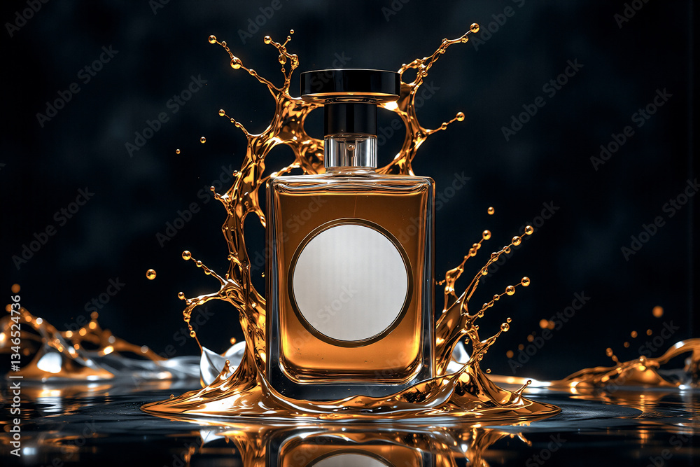 Poster elegant perfume bottle with golden liquid splash against a dark backdrop, showcasing luxury and frag
