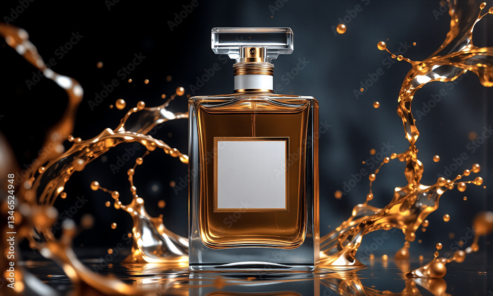 Poster elegant perfume bottle with golden liquid and splash against a dark backdrop. luxurious and sophisti