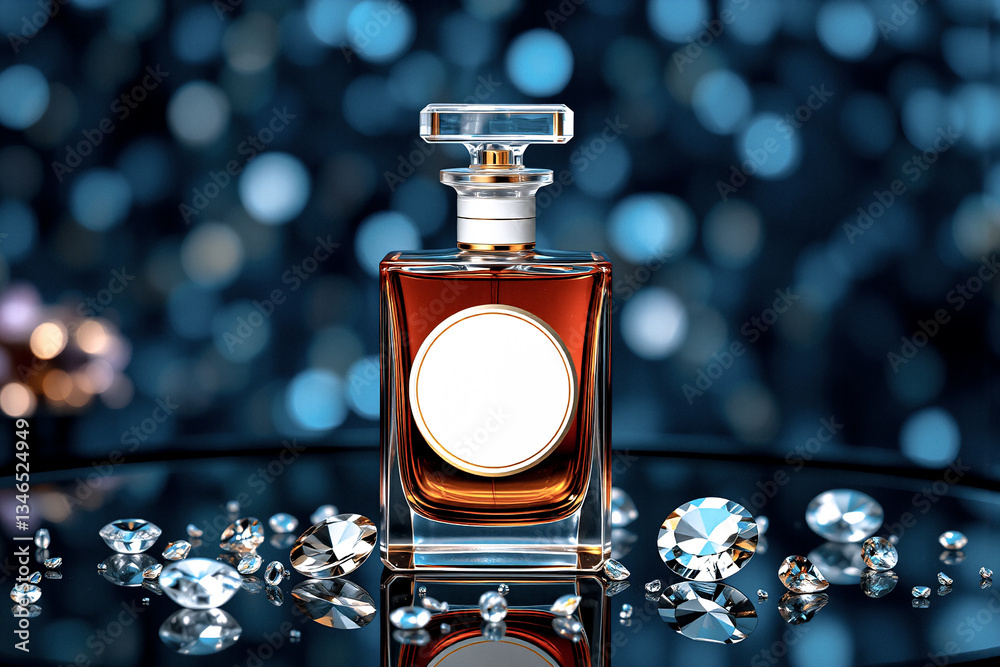 Poster Elegant perfume bottle with a transparent cap and white label is showcased amidst sparkling diamonds on a reflective surface against a bokeh background.