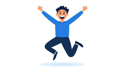 Fototapeta premium A joyful character is jumping with excitement, wearing a blue shirt and black pants, showcasing a vibrant and cheerful demeanor.