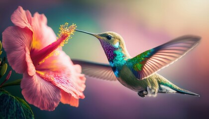 Fototapeta premium Hummingbird in flight near a vibrant flower, sometimes resting on it
