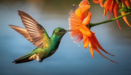Fototapeta premium Hummingbird in flight near a vibrant flower, sometimes resting on it