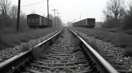 Atmospheric Black and White Train Tracks and Old Freight Cars Photo