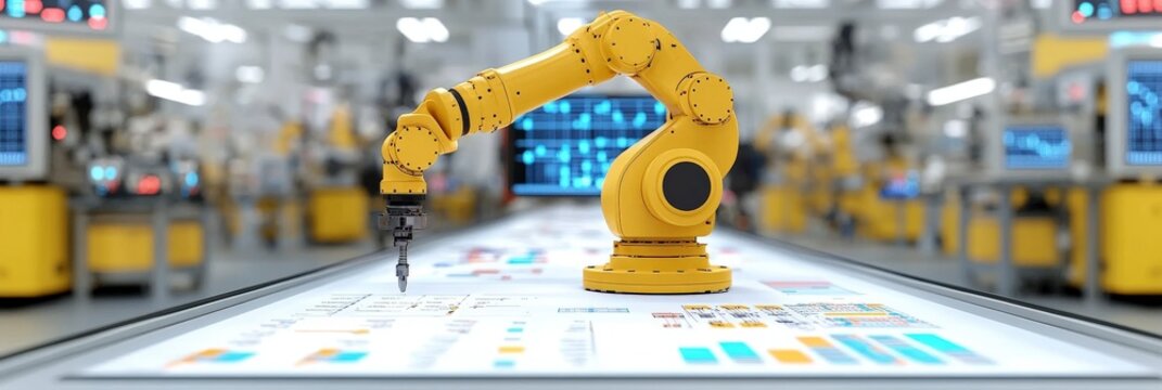 Yellow robotic arm in technology manufacturing setting