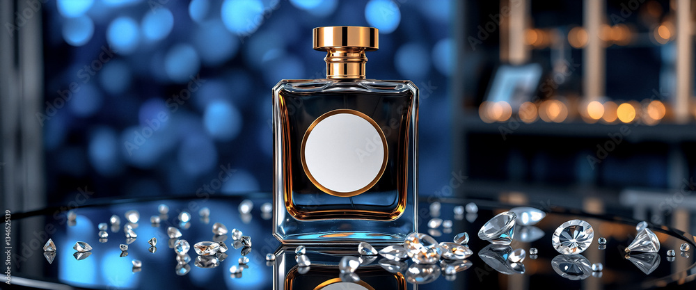 Poster elegant perfume bottle with a golden cap and blank label stands among scattered diamonds on a reflec