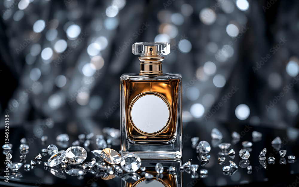 Poster elegant perfume bottle on a black surface. diamonds scatter around, enhancing luxury. bokeh backgrou