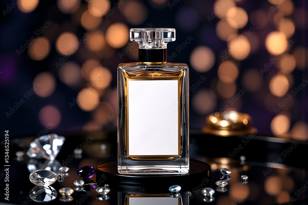 Poster elegant perfume bottle on a reflective surface surrounded by gemstones, with a softly blurred backgr