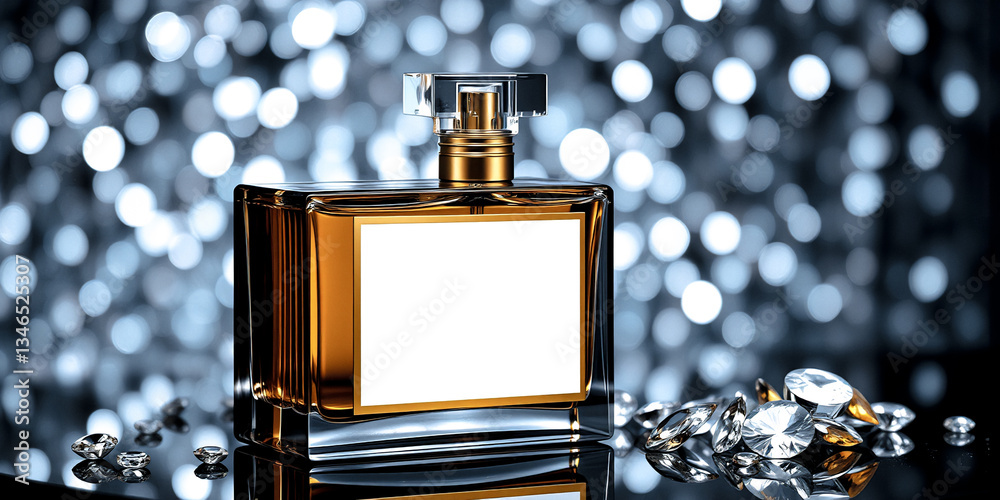 Poster A square perfume bottle with a golden cap and label is surrounded by gems on a reflective surface against a bokeh background.