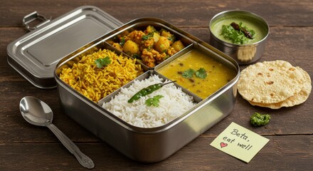 Traditional Indian Tiffin Box with Curry, Rice, Chapati, and Sides on Rustic Background