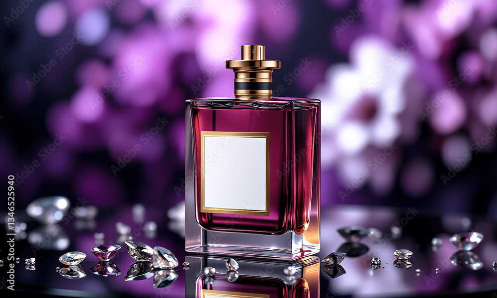 Aufkleber Elegant purple perfume bottle with golden cap and blank label, surrounded by diamonds on a reflective surface, against a blurred bokeh background.