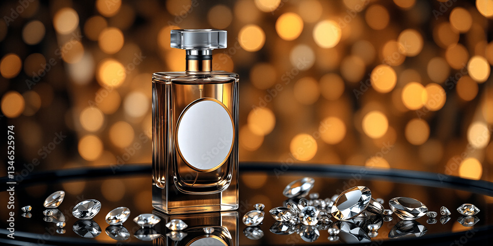 Poster elegant perfume bottle on a reflective surface surrounded by sparkling diamonds, with a warm bokeh l
