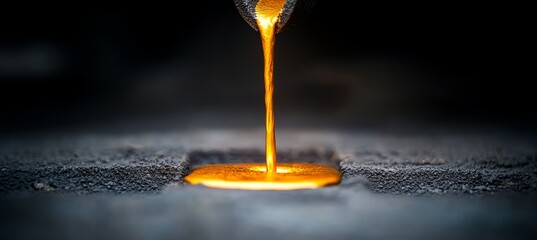 Pouring Liquid Gold, Metal Casting Process Molten Gold Flows into Foundry Mold on Black Background