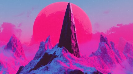 A vibrant alien landscape features a mountain and pink planet
