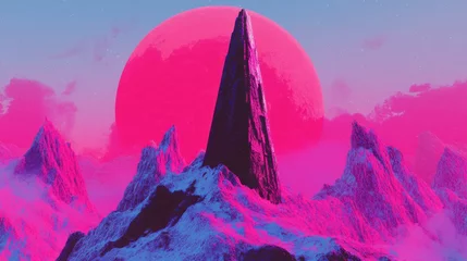 Selbstklebende Fototapeten A vibrant alien landscape features a mountain and pink planet © Mochamad