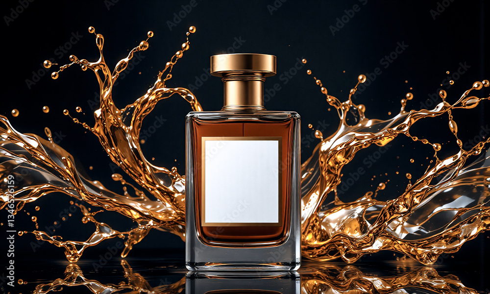 Poster elegant perfume bottle stands out against a dark backdrop, accentuated by a dynamic golden liquid sp