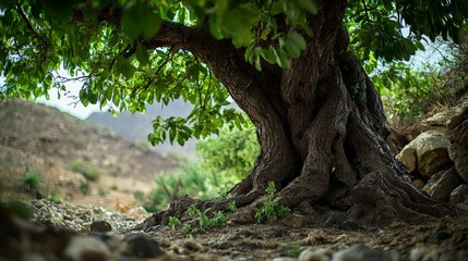 Fototapeta premium Twisted tree roots mountain landscape nature photography scenic view close-up perspective nature's resilience