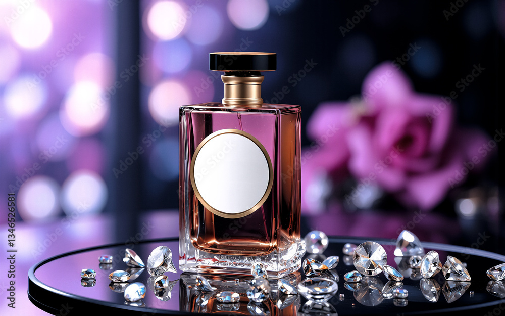 Fototapete elegant perfume bottle with a blank white label sits on a reflective surface surrounded by diamonds.