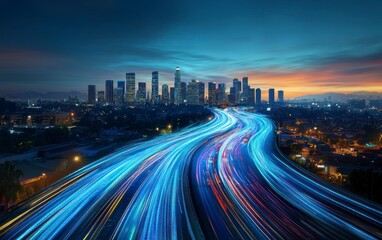 Fototapeta premium Highway Light Trails Lead Into City Skyline at Night Aerial View