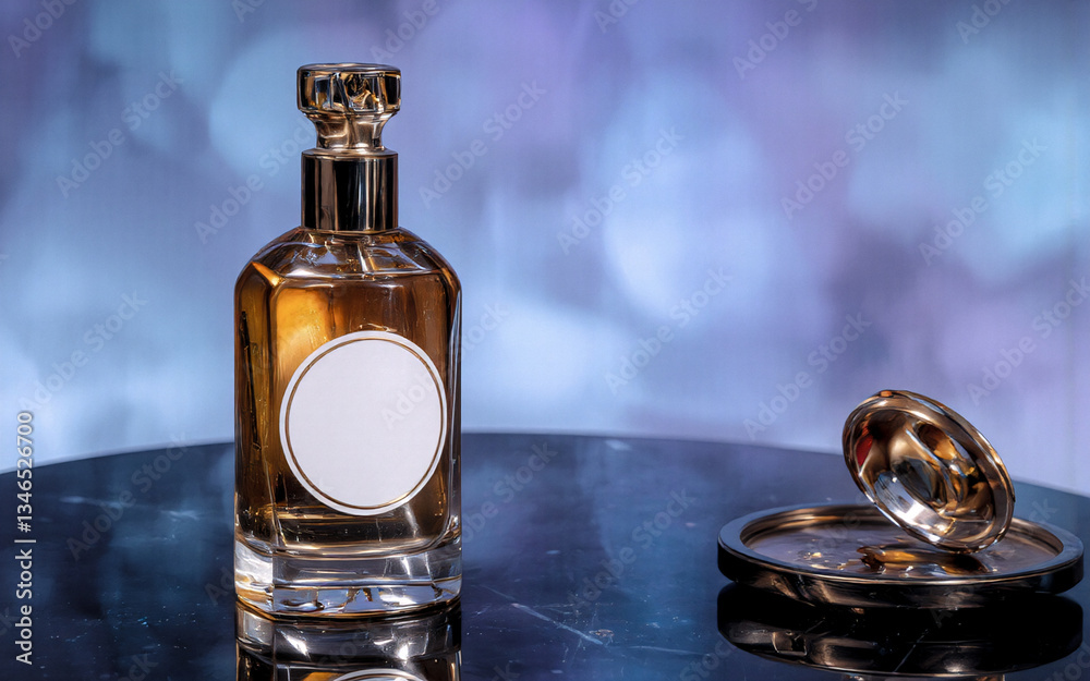Poster golden perfume bottle with white label on dark reflective surface. the cap is off and resting on a d
