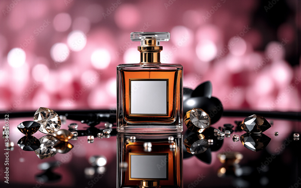 Aufkleber elegant perfume bottle filled with brown liquid, placed amongst sparkling gems on a reflective black