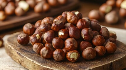 Obraz premium Closeup Pile of Hazelnuts on Wooden Board