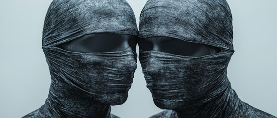 Two people wearing masks and bandages