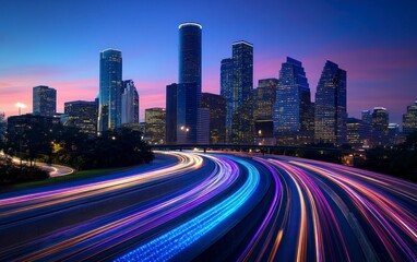 Fototapeta premium Houston Skyline at Dusk with Light Trails and Cityscape View