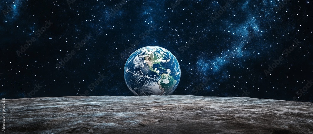 Wall mural a small planet is floating in space with a large number of stars surrounding it