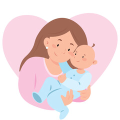 Mother's day vector illustration design template. Mom hugging baby icon isolated background.