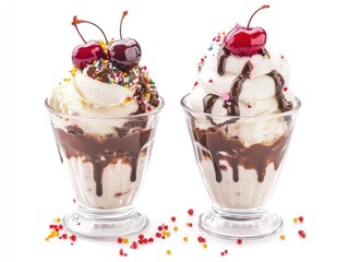 Two chocolate sundae dishes with cherries and sprinkles