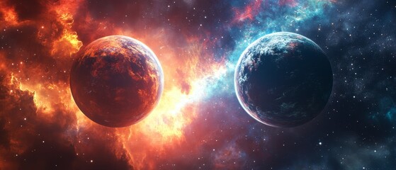 Two planets in space, one red and one blue, with a bright orange
